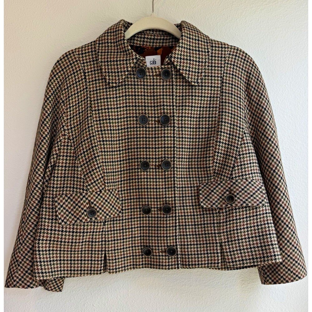 CAbi Women’s L Brown Houndstooth Double-Breasted Lined Jacket Pockets 4578
